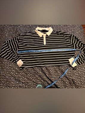 Striped Black & White Cropped Polo Top XL no flaws button up 100% cotton